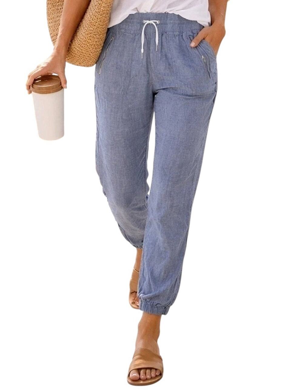 ATHLETA Cabo 100% Linen Jogger Womens SIZE 10 TALL LONG Chambray Blue Elastic Wa